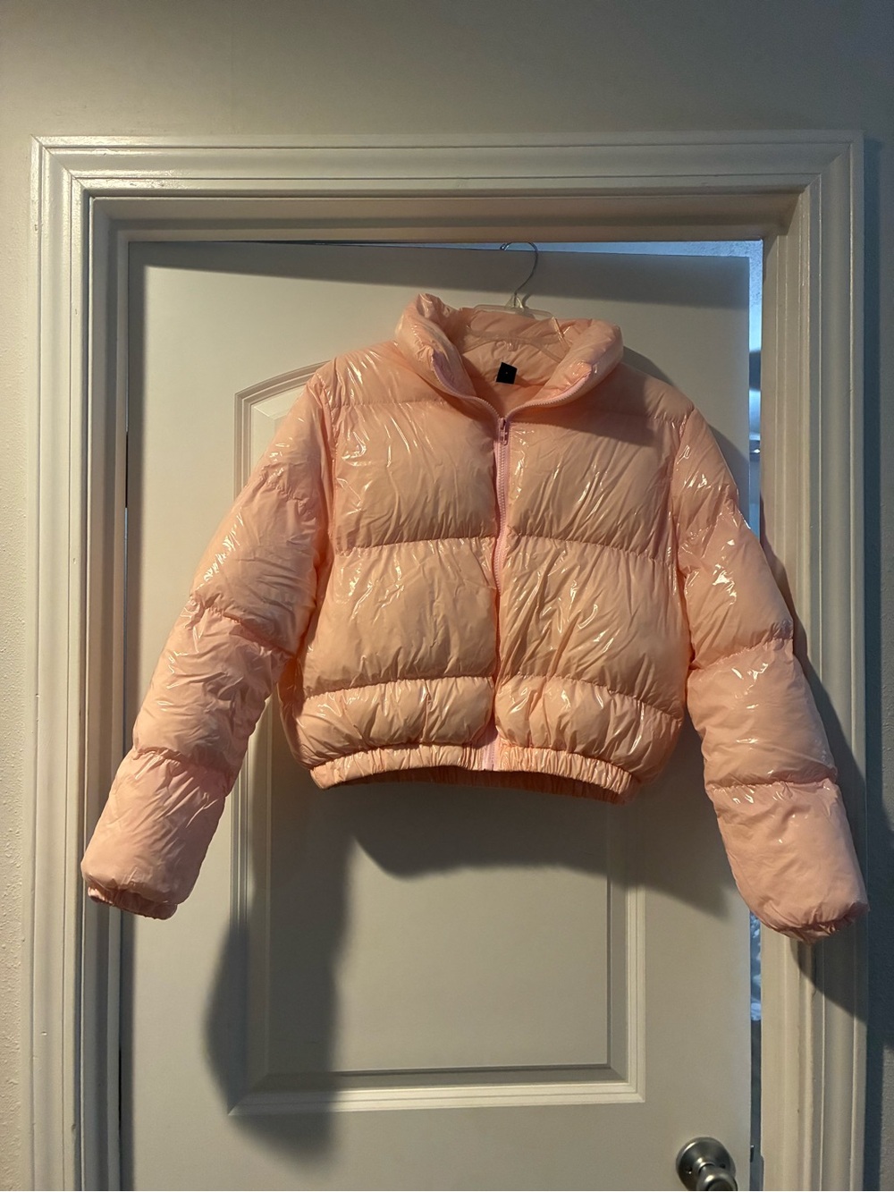 SHEIN Shiny Pale Pink Cropped Puffer Jacket